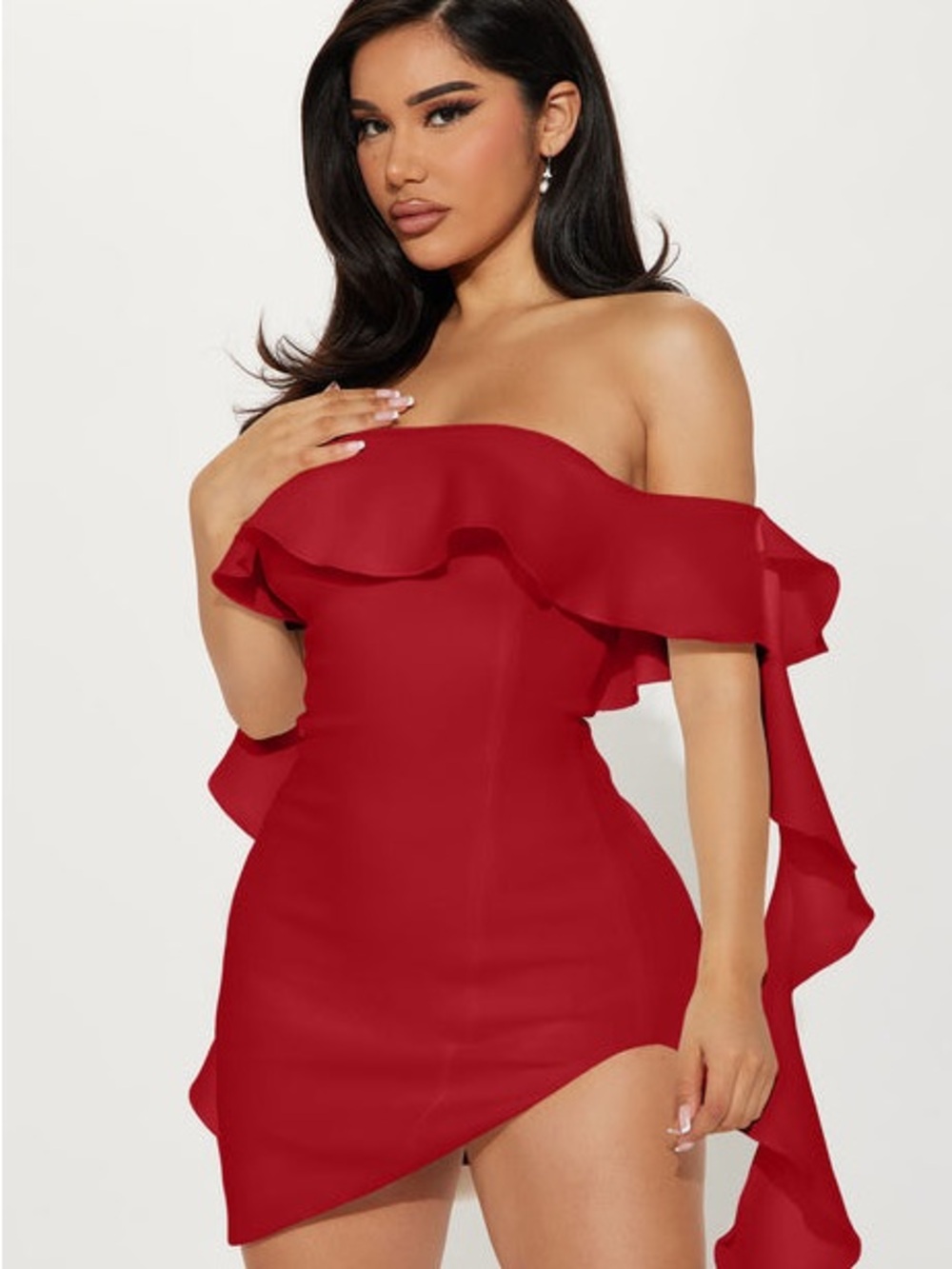 Fashion Nova Red Off-Shoulder Ruffle Mini Dress